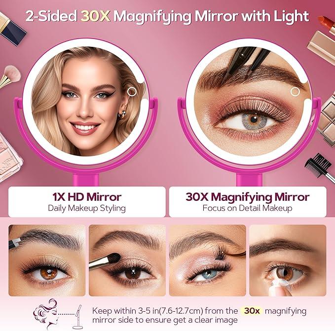 B Beauty Planet Makeup Mirror with Lights, Lighted Magnifying Mirror 30X with 3 Lighting and Adjustable Brightness, 2-Sided Height Adjustable Vanity Mirror for Bathroom, Gifts for Women Hot Pink - ModernBath