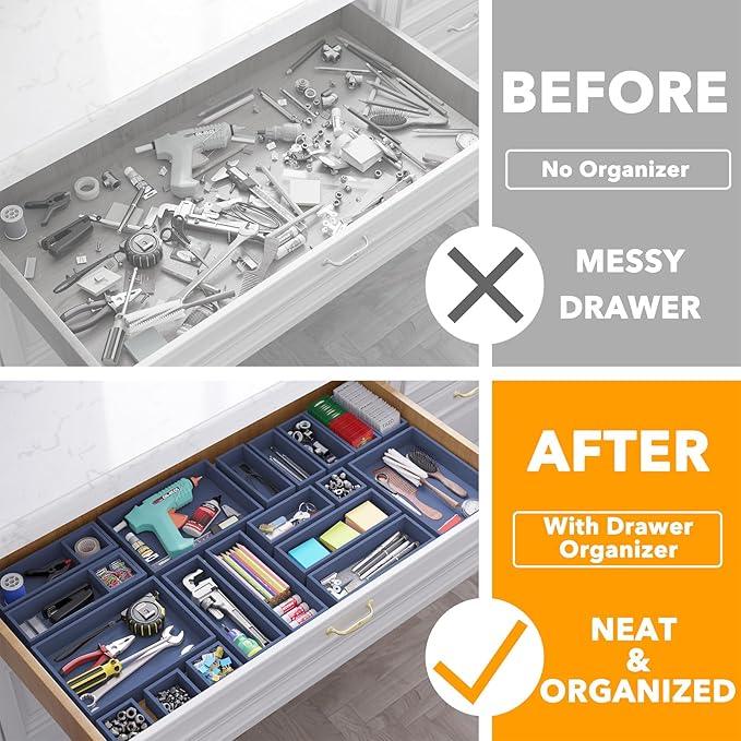 SpaceAid 21-Piece Bamboo Drawer Organizer Storage Boxes Set, Wood Tray Junk Drawer Organizers Multi-Use Divider Bins for Kitchen, Bathroom, Office Desk and Makeup Organization (21 Pack, Navy Blue) - ModernBath