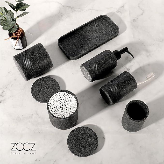 ZCCZ Black Stone Bathroom Accessories Set 6 Pieces - Toothbrush Holder, Lotion Dispenser, Qtip Container, Vanity Tray, Tumbler - Countertop Organizer for Bathrooms - Elegant and Functional Décor Set - ModernBath
