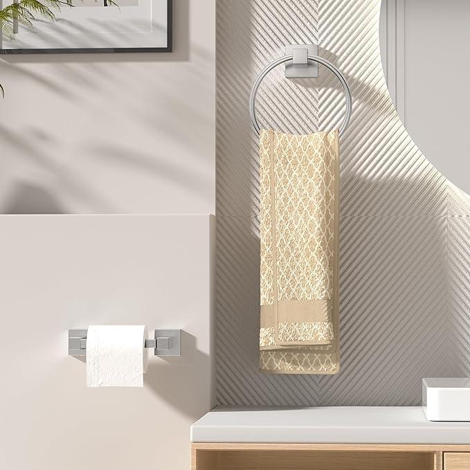 FORIOUS Toilet Paper Holder and Hand Towel Ring Set, SUS 304 Stainless Steel Double Post Pivoting Tissue Roll Holder Wall Mount, Modern Bathroom Hardware Accessories Set, Brushed Nickel - ModernBath