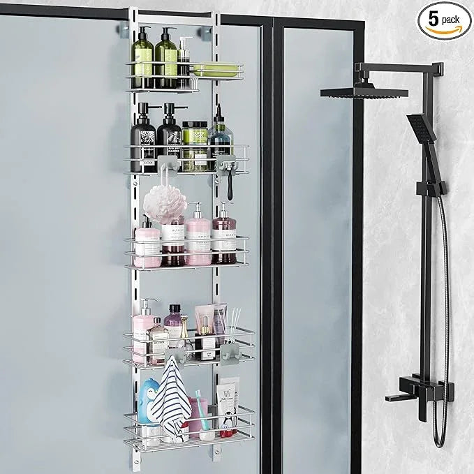 Orimade Over the Door Shower Caddy Adjustable 5 Tier Silver Grey,Bathroom Hanging Organizer Shelf Rustproof with 4 Hooks,Shower Basket with Soap Holder and Suction Cup - ModernBath