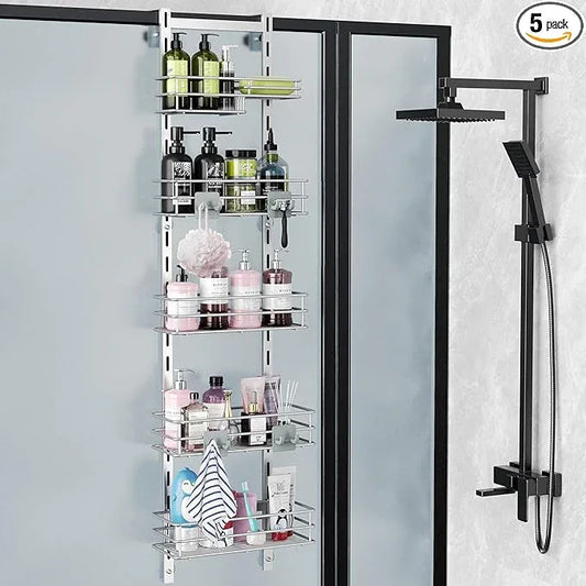 Orimade Over the Door Shower Caddy Adjustable 5 Tier Silver Grey,Bathroom Hanging Organizer Shelf Rustproof with 4 Hooks,Shower Basket with Soap Holder and Suction Cup - ModernBath