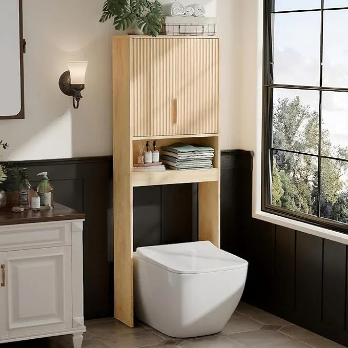 VINGLI Over The Toilet Storage Cabinet with Fluted Doors, Mid Century Modern Bathroom Organizer Over Toilet, Freestanding Wooden Space Saver Stand with Adjustable Shelves, Natural Oak - ModernBath