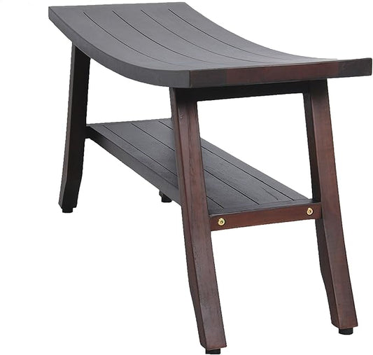 DecoTeak 29” Satori Teak Shower Bench – Full-Size Waterproof Bathroom Seat for Adults & Seniors | Sturdy 250 Pound Capacity | Spa-Style Teak Stool with Shelf, Non-Slip Feet | Elegant Brown Wood Finish