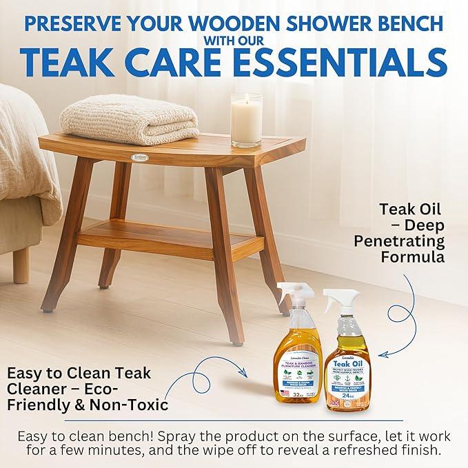 EcoDecors 24 Inch Satori Natural Teak Waterproof Teak Wood Shower Bench Stool Seat Chair for Inside Shower Provides Safety, Storage, and Organization for Bathroom Accessories - ModernBath
