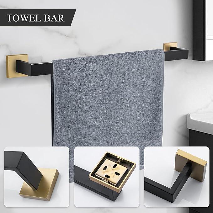 TURS 4-Piece Bathroom Hardware Set Black and Brushed Gold Towel Bar Holder Set Stainless Steel Bathroom Accessory Set Wall Mounted - ModernBath