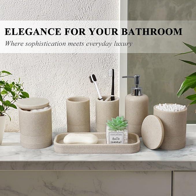 LIN CHUAN 6-Piece Bathroom Accessories Set, Bathroom Accessory Set with Soap Dispenser, Toothbrush Holder Set, Vanity Tray, Tumbler & 2 Cotton Swab Jars, Modern Stylish Bathroom Organizer(Beige) - ModernBath
