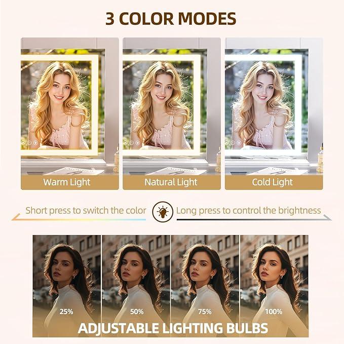 FENCHILIN Vanity Mirror with Lights, 32" x 23" RGB Backlit + Front Lit Large Hollywood Makeup Vanity Mirror LED Strip with 3 Colors Modes Smart Touch for Dressing Room & Bedroom White - ModernBath