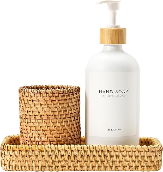 MaisoNovo Rattan Bathroom Set - White Countertop Dispenser, Toothbrush Holder & Toothpaste Cup with Tray - Set of 3 - Rattan Bathroom Vanity Trays Rectangle for Storage - ModernBath