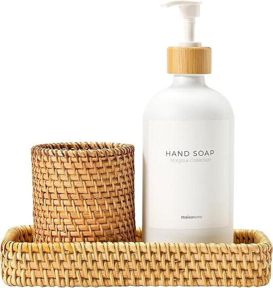 MaisoNovo Rattan Bathroom Set - White Countertop Dispenser, Toothbrush Holder & Toothpaste Cup with Tray - Set of 3 - Rattan Bathroom Vanity Trays Rectangle for Storage - ModernBath