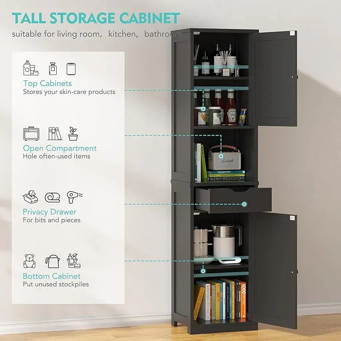 Vongrasig Tall Bathroom Storage Cabine, 64”H Freestanding Storage Pantry Cabinet, Narrow Cabinet with Adjustable Shelves, Open compartments for Small Spaces, Bathroom, Living Room, Kitchen, Black - ModernBath
