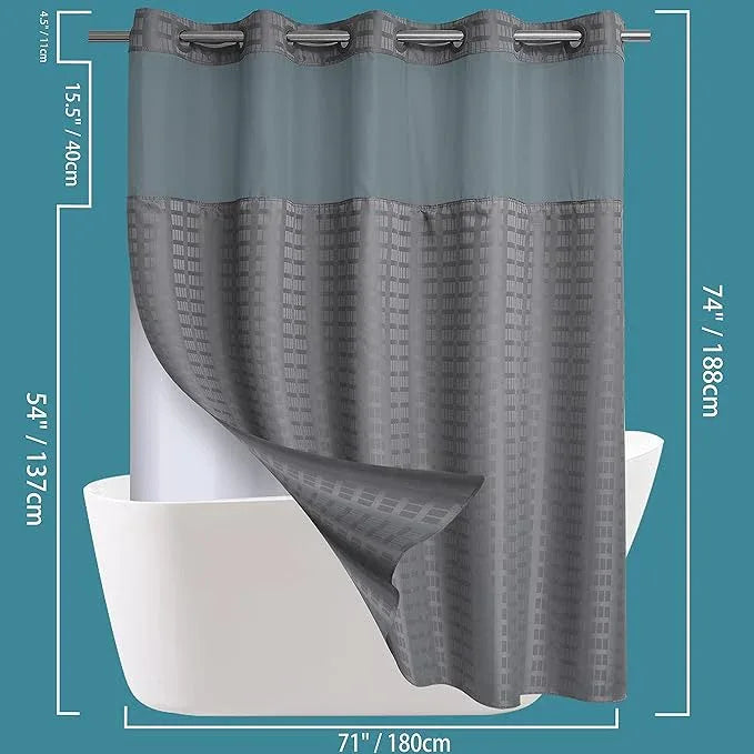 Conbo Mio No Hook Shower Curtain with Snap in Liner Set, Hotel Luxury Grey Shower Curtains for Bathroom with See Through Top Window, Waterproof, Washable 71W x 74H - ModernBath