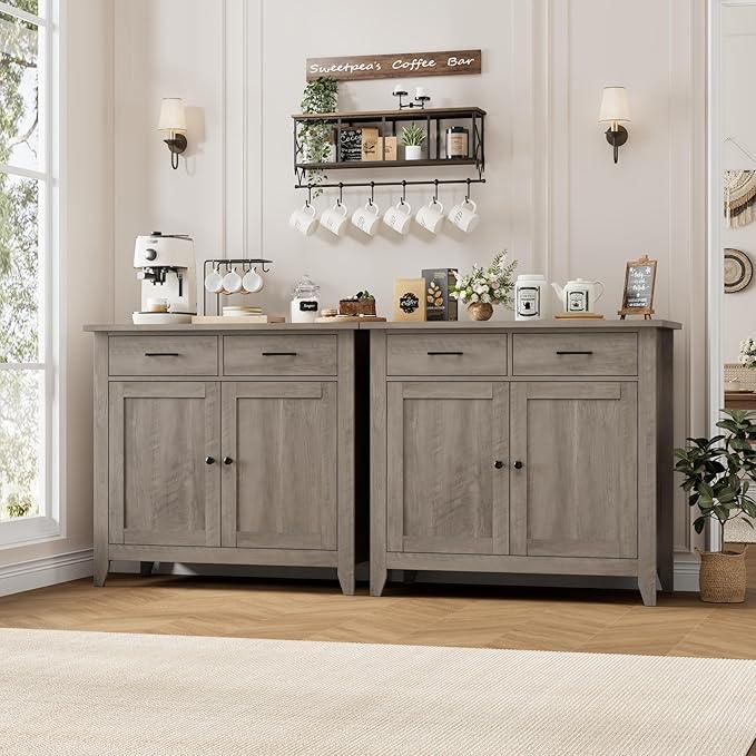 HORSTORS Kitchen Storage Cabinet, Modern Farmhouse Buffet Cabinet with Storage, Coffee Bar with 2 Drawers and 2 Doors, Floor Sideboard Buffet for Living Room, Dining Room, Bathroom, Grey - ModernBath