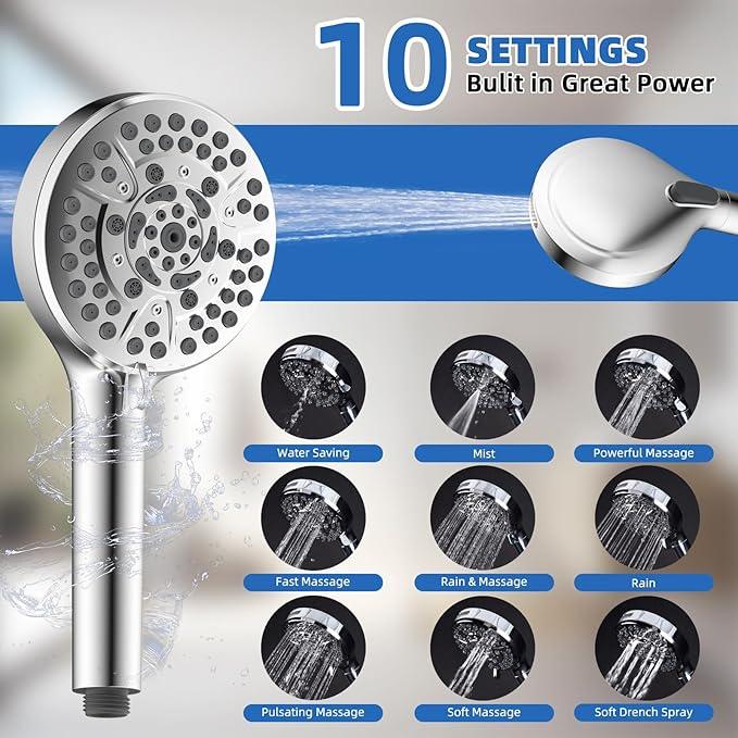 All Metal Shower Head, 10" High Pressure Rainfall/Handheld Shower Combo with 11" Extension Arm, 10-Spray Handheld Showerhead, 71" Long Hose, 3-Way Diverter Valve, Chrome - ModernBath