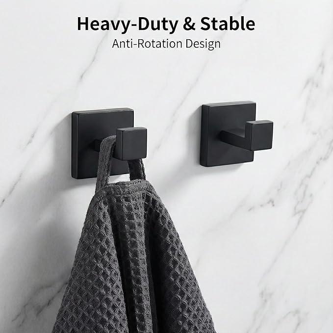 5 Piece Bathroom Hardware Set Matte Black, SUS304 Stainless Steel Towel Bar Set, Modern Square Accessories with 16 Inch Rack Toilet Paper Holder Robe Hooks (Matte Black) - ModernBath