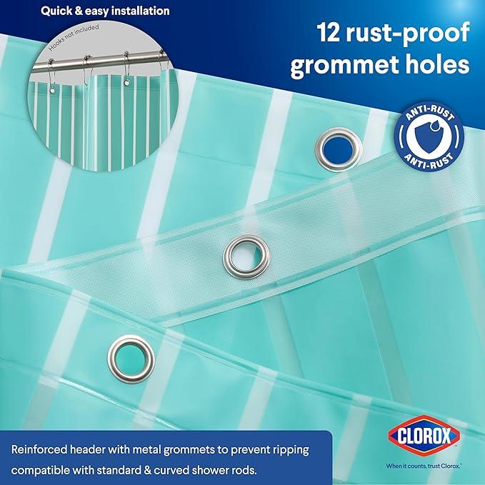 CLOROX Shower Curtain Liner, Premium Striped Medium-Weight Durable Waterproof 6g PEVA for Bathroom with Weighted Magnets, Printed Standard Size 72" x 72", Aqua - ModernBath