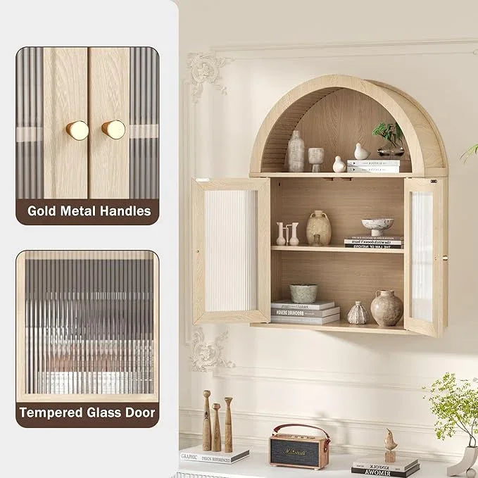Arched Bathroom Cabinet, Wall Mounted Bathroom Cabinet with Tempered Glass Doors and Adjustable Shelf, for Kitchen, Living Room, Laundry Room, Restroom, Oak - ModernBath