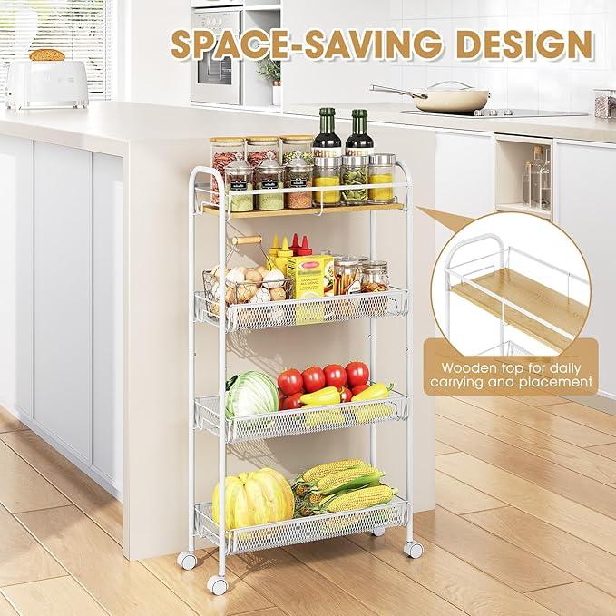TOOLF 4-Tier Slim Rolling Cart, Metal Utility Cart, Slide Out Storage Cart with Wooden Tabletop and Mesh Baskets for Narrow Space on Kitchen Bathroom Laundry Room Bedroom Apartments Dormitory - ModernBath