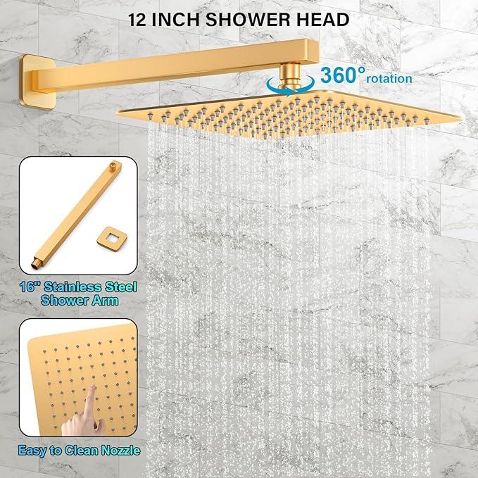 FPXRNG Gold Shower Faucet Set, Rainfall Shower System with Rain Shower Head and Handle Set, Wall Mounted Shower Fixtures, Full Metal Trim Repair Kit 12 inch Paint Gold (With Shower Valve) - ModernBath
