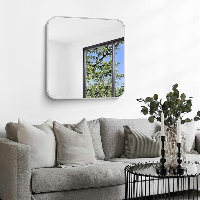 CIVENO Silver Bathroom Mirror, 30 x 30 Inch Silver Square Mirror, Metal Framed Rectangular Vanity Mirror, Rounded Corner Wall Mounted Mirror for Living Room Bedroom Entryway Hangs Horizontal/Vertical - ModernBath