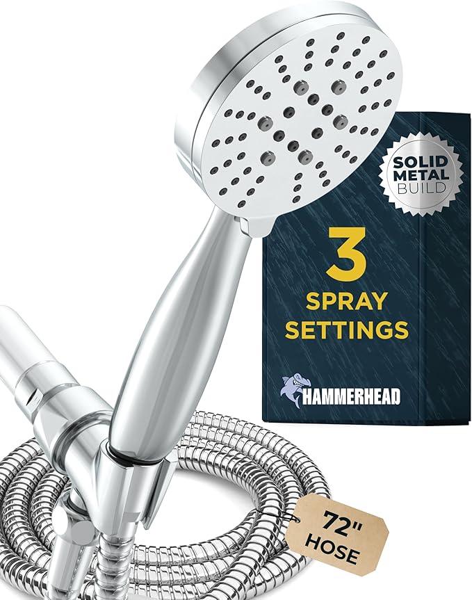 HammerHead Showers® Solid Metal 3-Spray Handheld Shower Head with Long Hose and Holder - CHROME - 2.5 GPM High Pressure Shower Head with Handheld Sprayer - WIDE, MASSAGE, and MIST Sprays - ModernBath