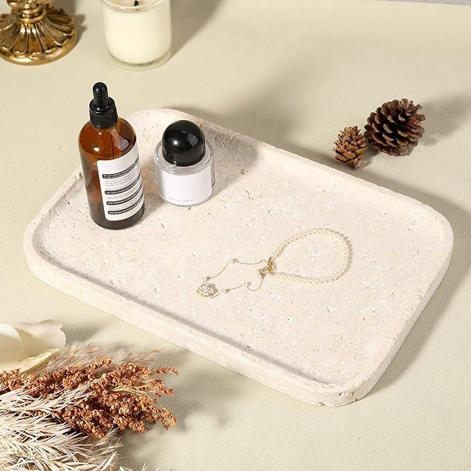 Karibiber Natural Marble Vanity Tray, 11.8" Marble/Stone Bathroom Tray Countertop, Beige Tray for Decor, Perfume Jewelry Holder, Storage/Organizer for Kitchen Sink - ModernBath