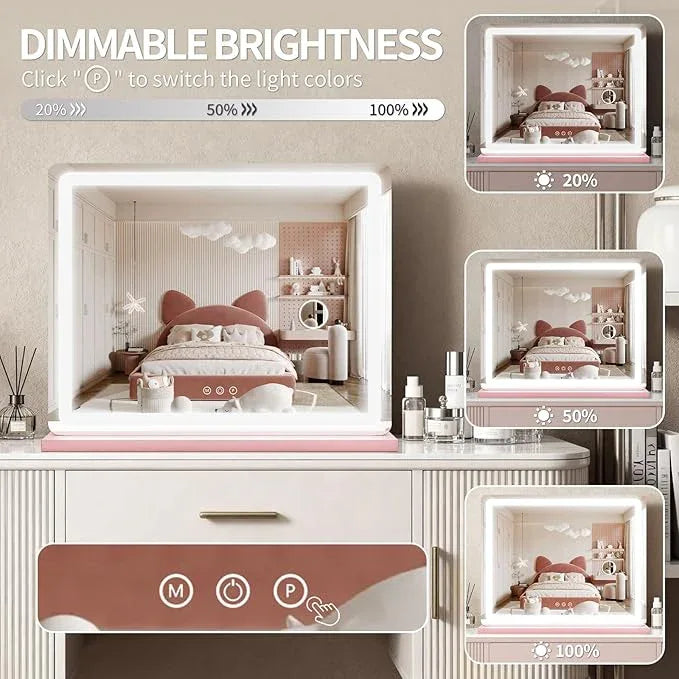 ROLOVE Pink Makeup Mirror with Lights, 23x18 Inch - 3 Color Modes, Dimmable LED Light up Mirror with 10X Magnification - Pink Vanity Mirror Wall&Tabletop Mount for Teen Girls - ModernBath