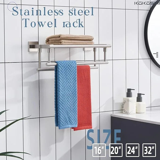 KOKOSIRI Towel Shelf with Double Towel Bars 16 Inches Bathroom Towel Rack Towel Holder Wall Mounted Stainless Steel, Brushed Nickel, B6005BR-L16 - ModernBath