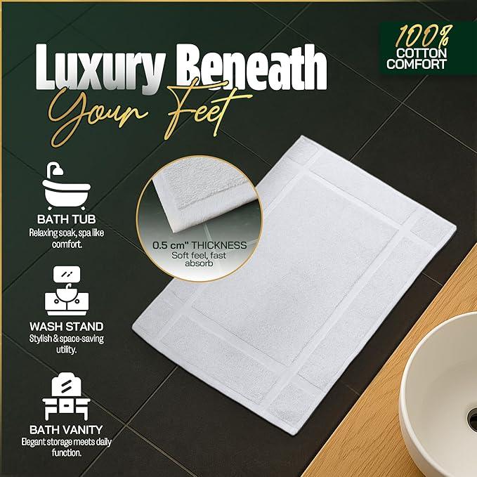 Pearl Linens Pack of 2 100% Cotton Bath Mat 18x25 inches, Soft & Absorbent Quick Dry Bathroom Mat Set, Not Bathroom Rugs, After Shower Mat, Bath Tub Mat, 687 GSM, Machine Washable, White - ModernBath