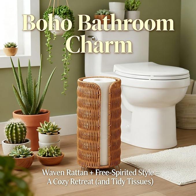 Boho Toilet Paper Holder Stand with PP Rattan & Metal Frame, 3-Roll Toilet Paper Storage Basket, Freestanding Organizer for Bathroom (Natural Brown) - ModernBath