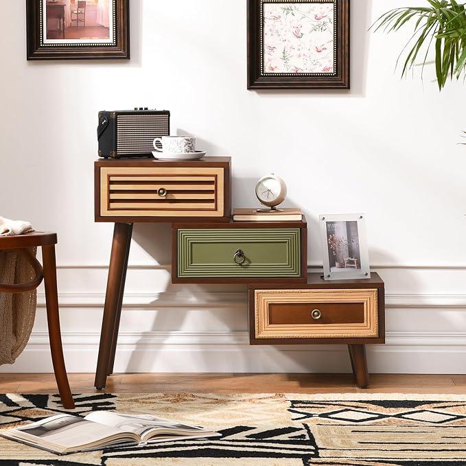 30.5" Vintage Accent Chest with 3 Drawers, Asymmetrical Stacked Design, Multicolored Hand-Carved Decorative Rustic Cabinet, Side Table for Living Room, Entryway, or Small Space - ModernBath