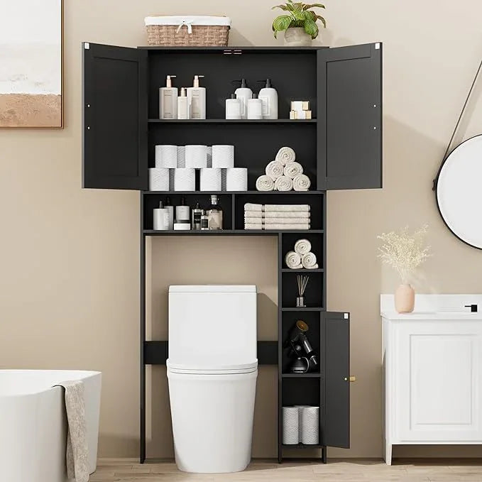 Homhedy 67" H Over The Toilet Storage Cabinet, Boho Bathroom Organizer with Rattan Decorated Doors, Adjustable Shelves, Toilet Paper Holder, Space-Saving Bathroom Shelf, Natural and Black - ModernBath