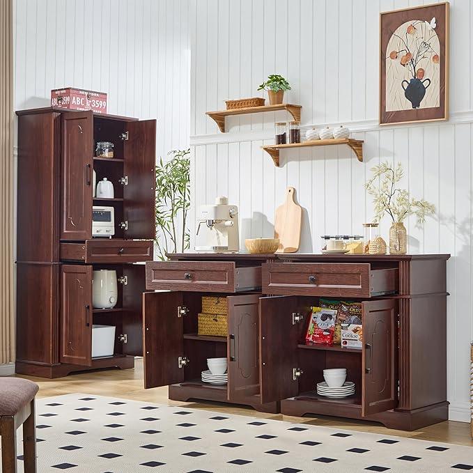 Farmhouse Storage Cabinet with 2 Doors and 1 Drawer, Adjustable Shelf, Freestanding Kitchen Pantry Cabinet, Modern Buffet Sideboard Coffee Bar Cabinet Living Room Bathroom Dining Room Cherry - ModernBath
