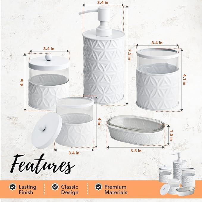 Autumn Alley White Bathroom Accessories Set, 5 Pieces, Bathroom Decor - Soap Dispenser Bathroom/Lotion Dispenser, Toothbrush Holder, 2 Glass Apothecary Jars (Qtip Holder), Soap Holder - ModernBath