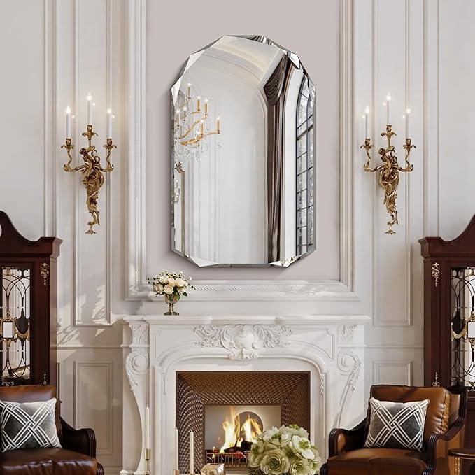 KOCUUY 30"x48" Frameless Mirror, Arched Shape with Diamond-Shaped Beveled Edge,Unframed Decorative with Upgraded Shatterproof Glass,Unique Frameless Mirror for Bathroom,Living Room,Bedroom - ModernBath