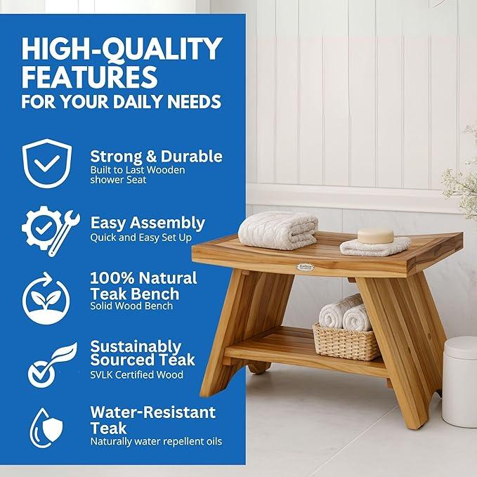 EcoDecors 30 Inch Serenity Teak Shower Bench – Waterproof Bathroom Seat with Large Storage Shelf For Adults & Seniors | Spa-Style Teak Wood Stool with Non-Slip Feet, Elegant Finish, 300 Pound Capacity - ModernBath