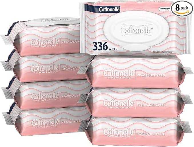 Cottonelle Fragrance Free Flushable Wet Wipes, Adult Wet Wipes, 8 Flip-Top Packs, 42 Wipes Per Pack - ModernBath
