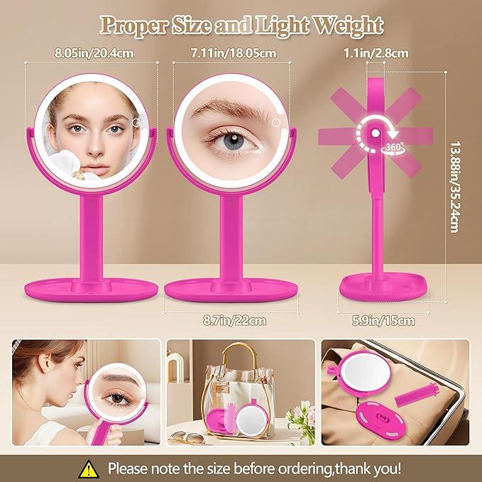 MOMOKUBA Makeup Mirror with Lights, Double Sided 1x/20x Magnifying Mirror with Light, Rechargeable 3 Color Lights and Adjustable Brightness, 360° Rotation Detachable Comes with Tweezer(Hotpink) - ModernBath