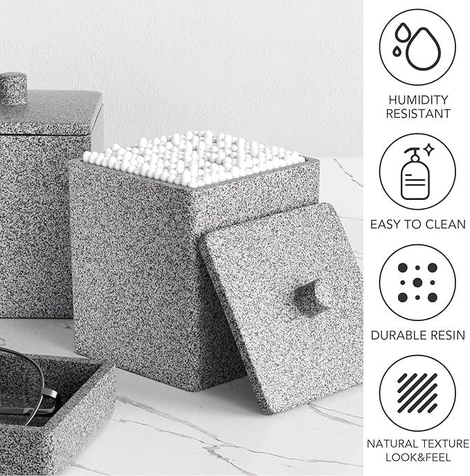 Gray Bathroom Accessories Set Resin 6PCS, Square Toothbrush Holders Set Complete with Soap Dispenser, Vanity Tray, Tumbler, Cups and Cotton Swab Jars for Counter, Sink or Small Spaces - ModernBath