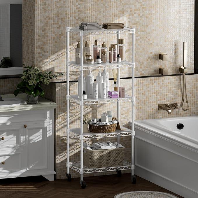 SINGAYE 5 Shelves Storage Shelf Wire Closet Bathroom Organizers Metal Pantry Kitchen Small Garage Shelving Unit Laundry Room Organization Home Narrow Rack Net Basket with Wheels White - ModernBath