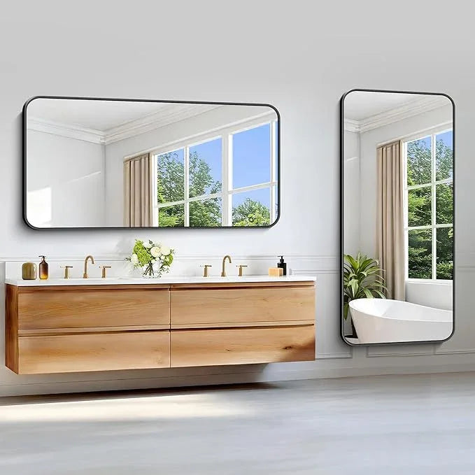 CIVENO Black Bathroom Mirror, 66x30 inch Aluminum Metal Frame Rectangular Vanity Mirror, Large Wall Mounted Rectangle Mirrors with Rounded Corner for Over Sink Bedroom Living Room Horizontal/Vertical - ModernBath