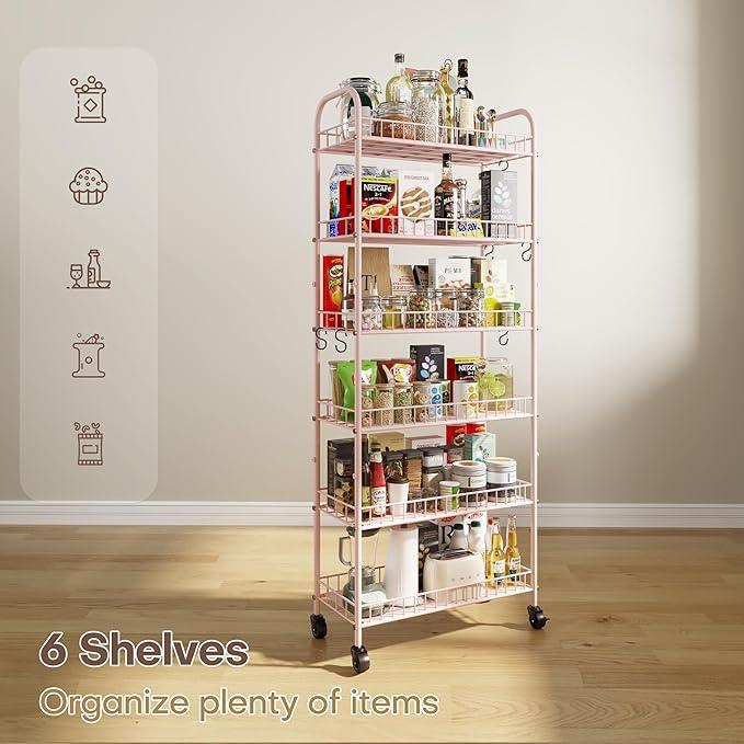 6 Tier Slim Rolling Storage Cart with Wheels, Metal Mobile Shelving Unit Organizer Utility Cart for Office Bathroom Kitchen Laundry Room Narrow Places (Pink 10 Inches) - ModernBath