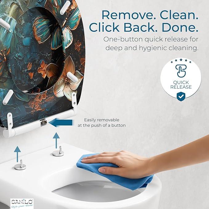 Sanilo Wooden Toilet Seat with Quick Release & Soft Close [ROUND] - Decorative & Slow Close Molded Wood Seat - With One Click for Easy Installation & Cleaning - With Adjustable Fit (Mariposa) - ModernBath