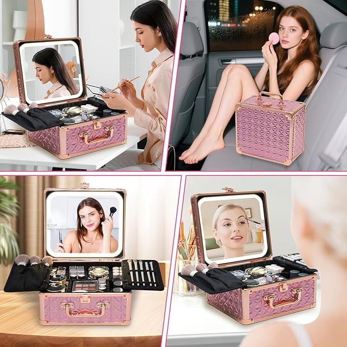 Yooaye Makeup Box with Detachable Lighted Mirror–Travel Train Case, Cosmetic Storage Organizer & Makeup Suitcase with Adjustable Dividers & Magnetic LED Mirror (Pink) - ModernBath