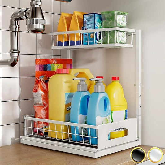 Under Sink Organizer and Storage, Height Adjustable Cabinet Organizer with Slide Out Drawer, Pull Out Under Sink Storage, Multi-Purpose 2 Tier Sink Shelves for Kitchen Bathroom Pantry (White, 1 Pack) - ModernBath