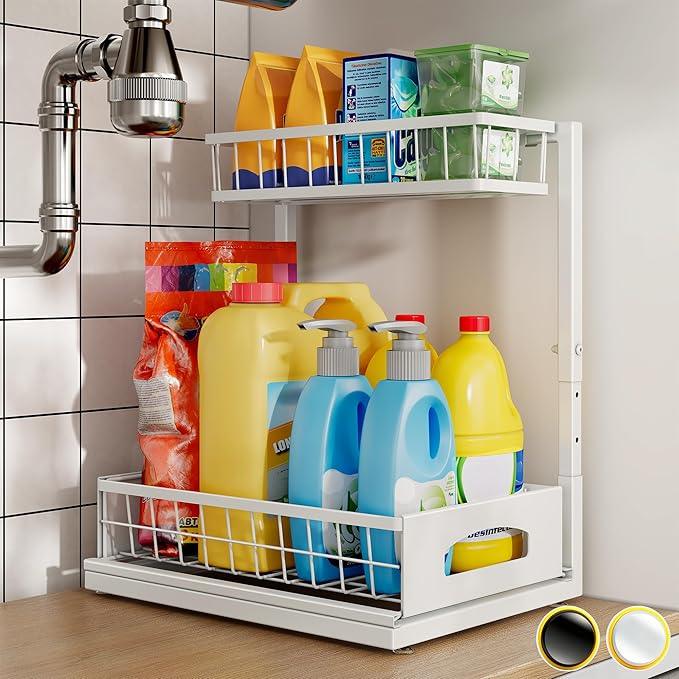 Under Sink Organizer and Storage, Height Adjustable Cabinet Organizer with Slide Out Drawer, Pull Out Under Sink Storage, Multi-Purpose 2 Tier Sink Shelves for Kitchen Bathroom Pantry (White, 1 Pack) - ModernBath