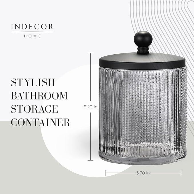 Indecor Home Gray Colored Tranlucent Apothecary Ribbed Geo Etched Glass Jar W/Matte Black Metal Lid Cover for Bathroom Organization, Cotton Balls, Q Tips, and Small Accessories, Bathroom Storage - ModernBath