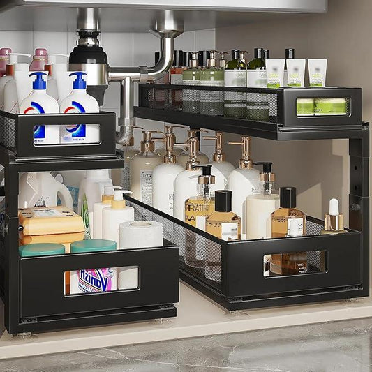 2 Pack 21.3IN-Depth Under Sink Organizer with Next-Gen Ball-Bearing Slides,2-Tier Pull Out Cabinet Storage,Height Adjustable Drawer Shelf for Bathroom,Kitchen,Laundry,Cabinet,Pantry-Black - ModernBath