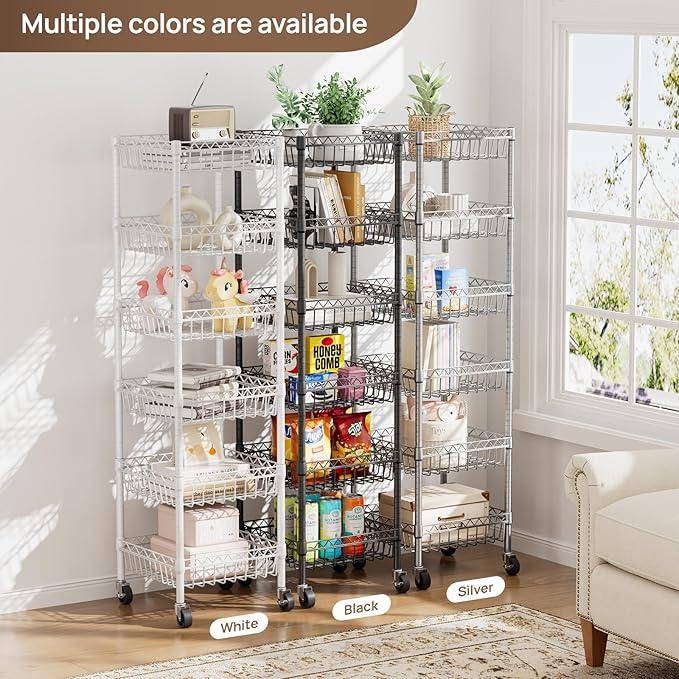 6 Shelves Storage Shelf Wire Closet Bathroom Organizers Metal Pantry Kitchen Garage Shelving Unit Laundry Room Organization Home Rack Net Basket Black with Wheels 14" Dx14 Wx64.8 H - ModernBath