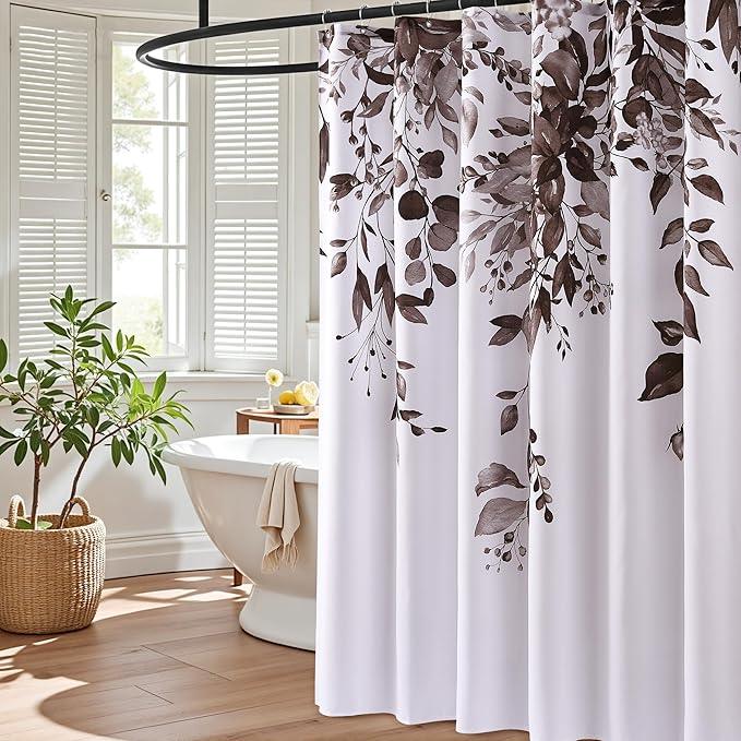 BOODII Dark Brown Plant Watercolor Shower Curtains 72 inches Long Floral Leaf Shower Curtain for Bathroom Botanical Leaves Hunter Brown Eucalyptus Curtain Jungle Bathroom Decor 72x72 - ModernBath